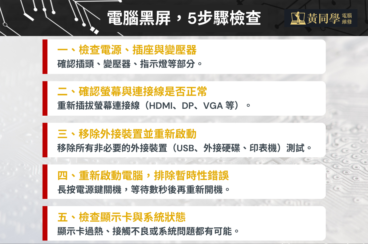 電腦突然黑屏，先照這個順序檢查！